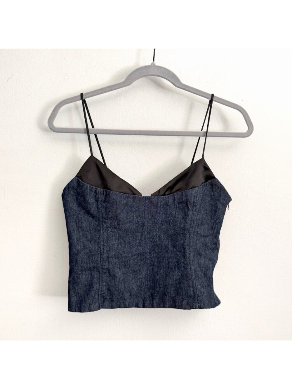 ZARA Blue Denim Combination Denim Top Spaghetti Strap Cropped Women’s Size Small